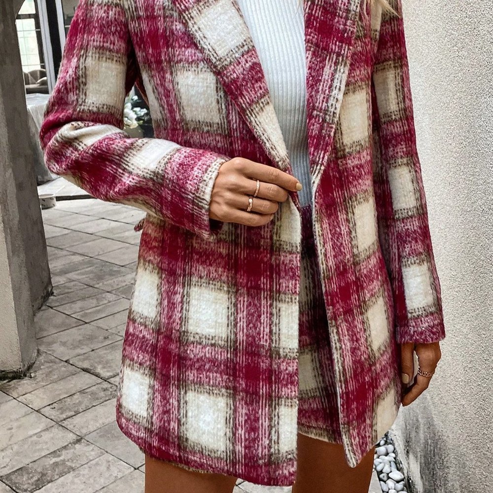 Hot Pink Preppy Womens Plaid Print Lapel Neck Blazer & Shorts - Picture 3 of 5